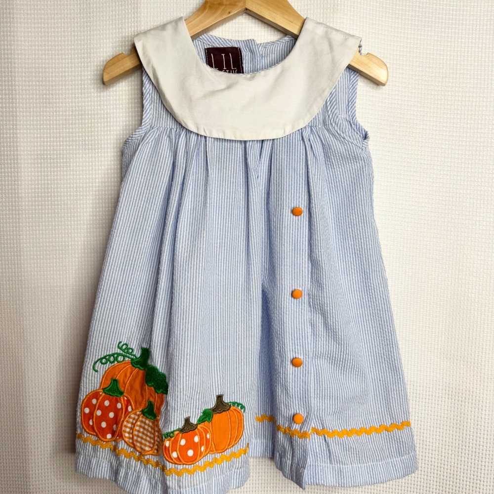 Lil Cactus Toddler Girls Blue Seersucker Pumpkin Dress 12-24M Fall Thanksgiving